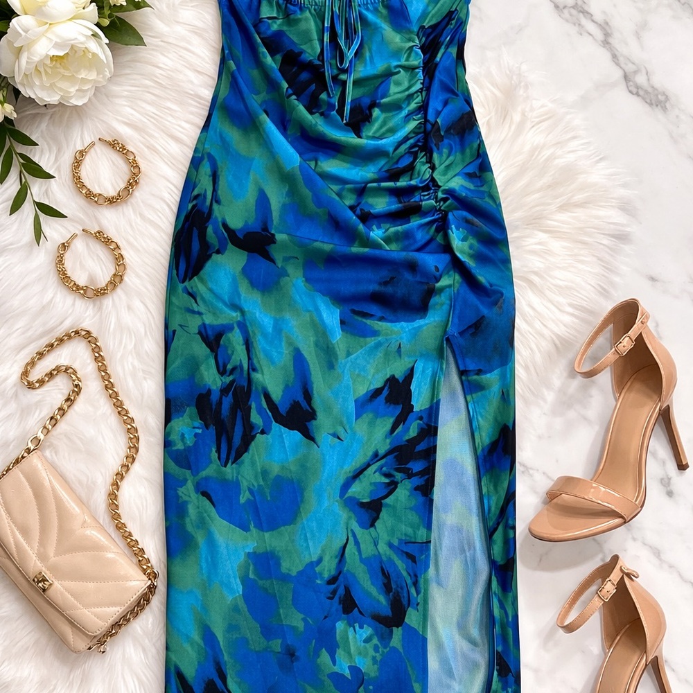 SHEIN Blue Green Strapless Ruched Midi Dress Side Slit Bodycon XL 12